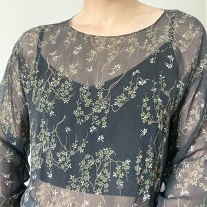 Vintage Sheer Silk Long Sleeve Black Floral Top